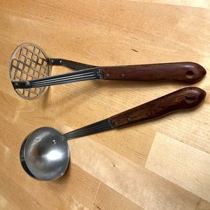 Vtg Set of 2 Imperial Veri-Sharp Kitchen Utensils Stainless Wood Ladle Masher